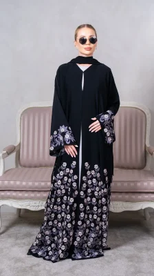 عباية فاخرة راقية - عباية بتطريز آلي زهري
